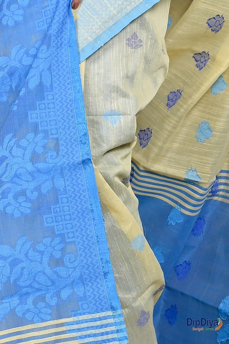 Yellow Blue Cotton Blended Parup Hand Loom Saree (557)